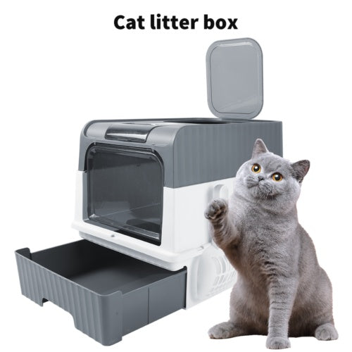 Large Grey Cat Litter Box – Anti-Splash Tray with Pull-Out Drawer