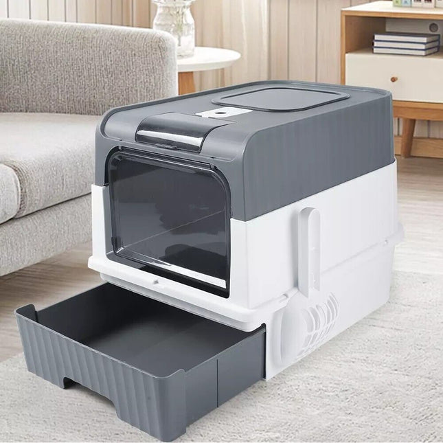 Large Grey Cat Litter Box – Anti-Splash Tray with Pull-Out Drawer