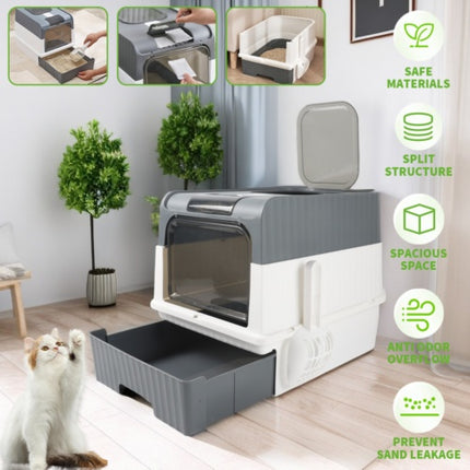 Large Grey Cat Litter Box – Anti-Splash Tray with Pull-Out Drawer
