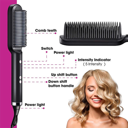 2-in-1 Hair Straightener & Curling Hot Comb – Dual-Purpose Electric Styling Brush with Negative Ion Technology
